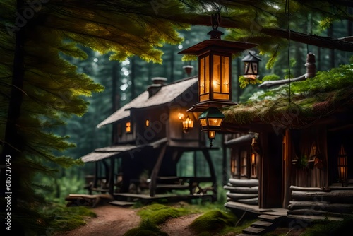 A gorgeous evergreen forest surrounds a wooden house with an ancient lamp hanging at the entryway. A lovely view out of a fairy tale.