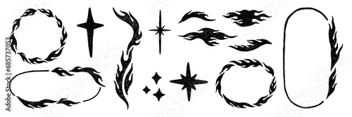 Set of hand drawn y2k style flame elements, star, fire frame. Trendy grunge scrawl icon for stickers. Freehand pencil drawing vector illustration.