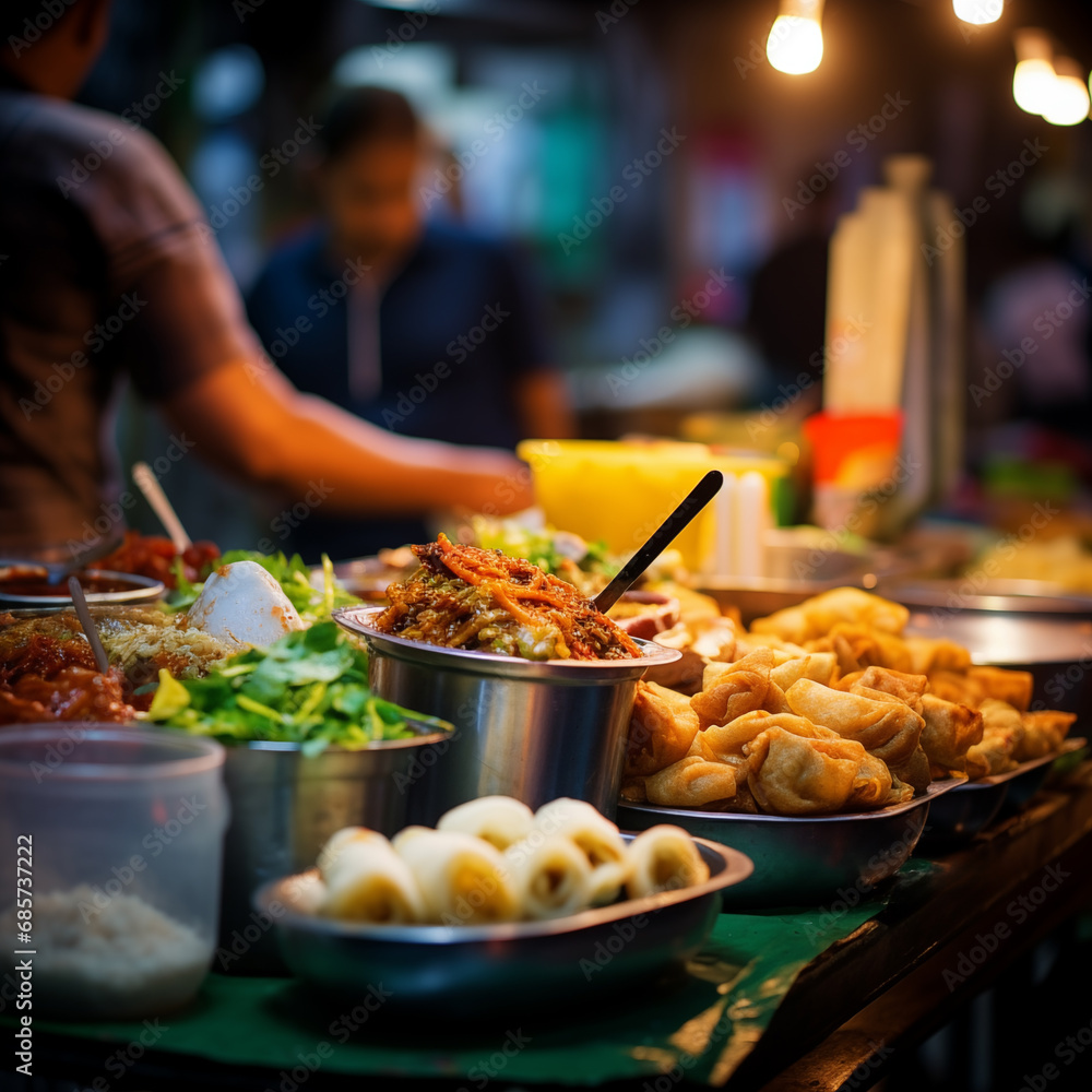 Asian food for sale on evening street. Generative AI Asian food for sale on evening street. Generative AI