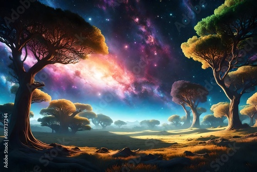 Bright fractal nebula in space featuring silhouettes of trees and land. Digital magic painting of a landscape. © Amazing-World
