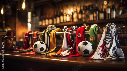 Football scarf in row and soccer ball on bar counter. Generative AI