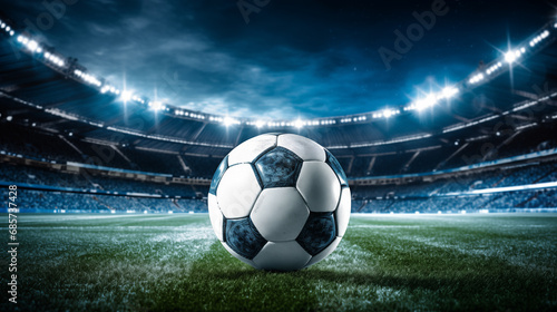 Soccer ball on field grass at stadium closeup. Generative AI © Nomad_Soul
