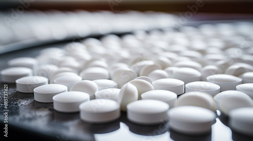 pharmaceutical industry, medicine pills are filling in the bottle on production line machine conveyor at the medical factory. selective focus. photo