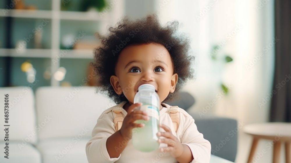 Smiling african baby bathes and drinks from a baby bottle Smiling african baby bathes and drinks from a baby bottle