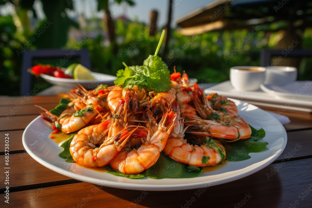 A plate of fried shrimp on the table of a street restaurant. A plate of fried shrimp on the table of a street restaurant.