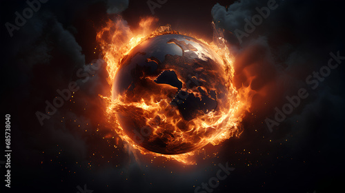 Globe on fire on black background, global warming and climate change concept.