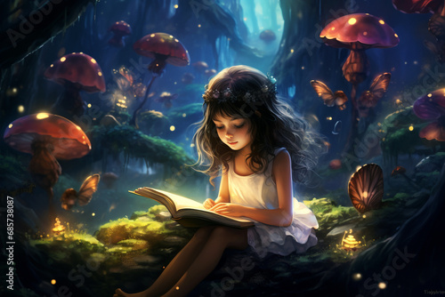 A fairy-tale world comes true around a child reading a book with fairy tales.