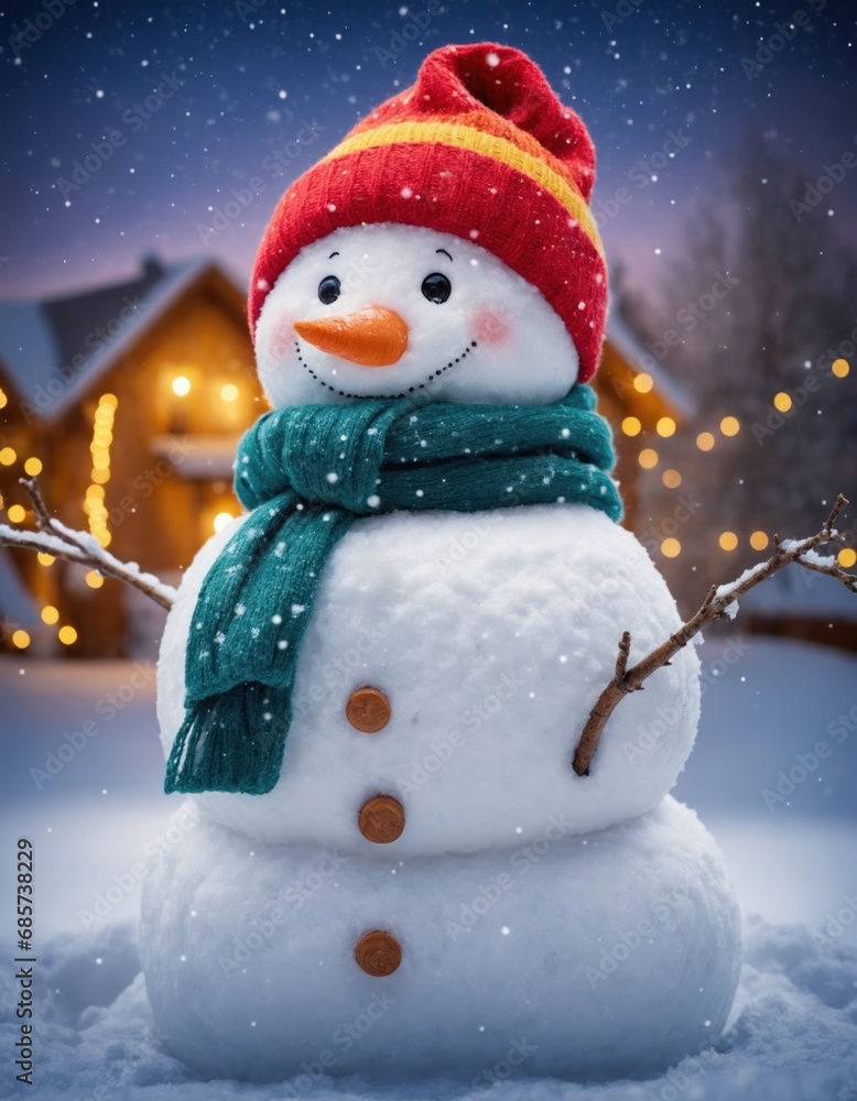 Snowman in red hat, scarf and green scarf standing on snow in front of house in winter
