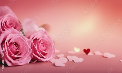 Pink roses and hearts on pink background. Valentines day background.