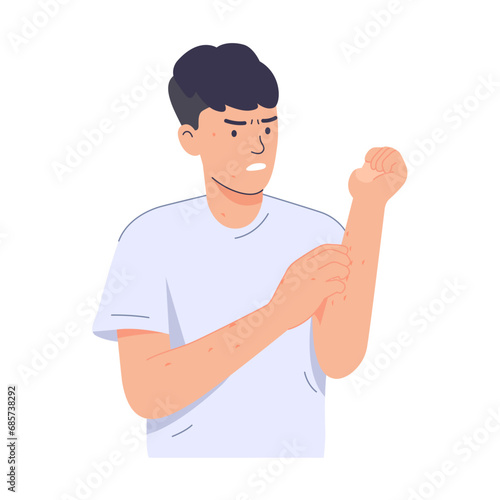 Man scratches his arm and itches. Male with monkeypox has an itchy, red rash. Hand drawn vector character illustration. Isolated on white background.