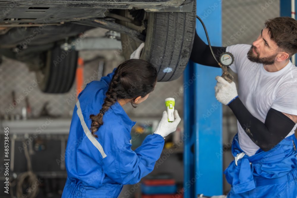 Car technicians analyze, fix wheel issues in garage, using precise tools for optimal alignment. Car technicians analyze, fix wheel issues in garage, using precise tools for optimal alignment.
