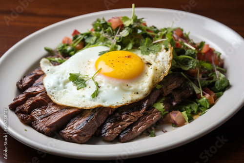 Restaurant dish Skirt steak and eggs with greens as healthy breakfast.