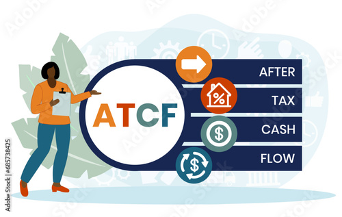 ATCF, After Tax Cash Flow acronym. Concept with keyword, people and icons. Flat vector illustration. Isolated on white.