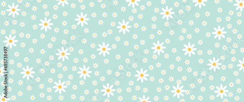 Fototapeta Naklejka Na Ścianę i Meble -  Vector pattern illustration of white daisy flowers on a green background. Pretty floral pattern for print. Flat design vector.