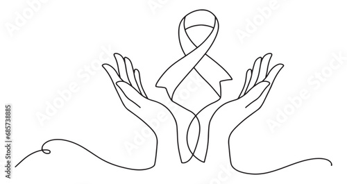 Two hands open looking up holding cancer ribbon. one line art. photo