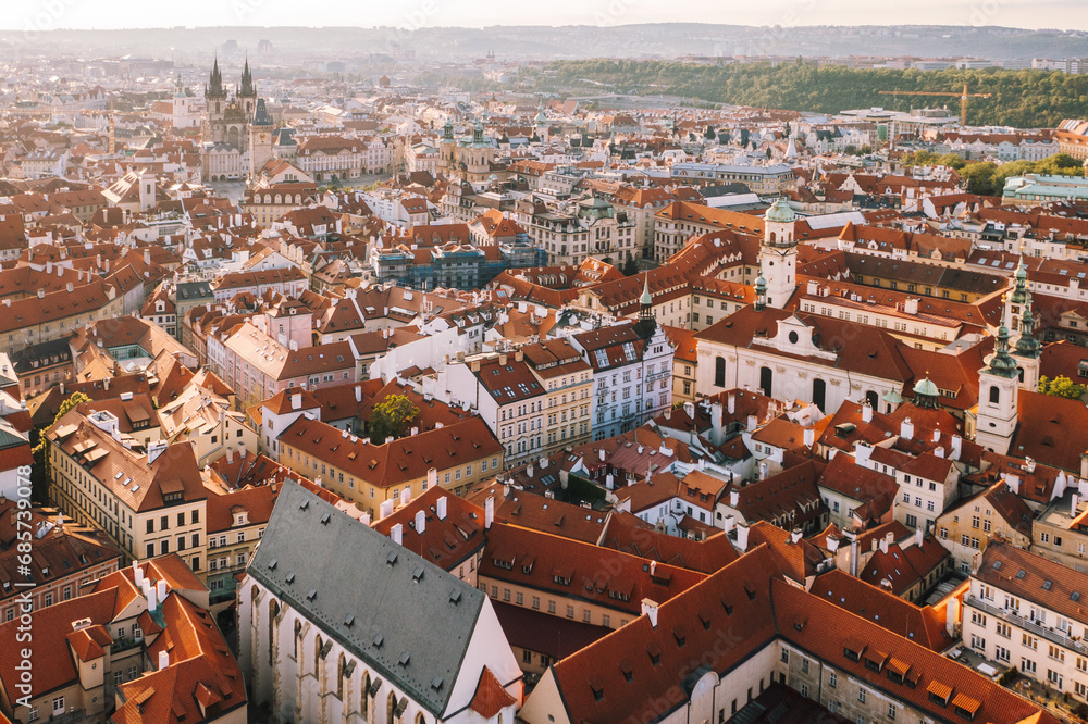 Aerial view of Prague old town during sunrise Czech Republic