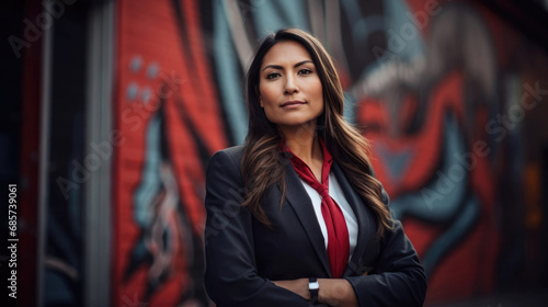 Portrait of a Native American Indian businesswoman in front of a wall mural photo