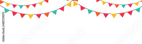 Garland of colored flags horizontal banner. Festive vector background in flat cartoon style on a white background.