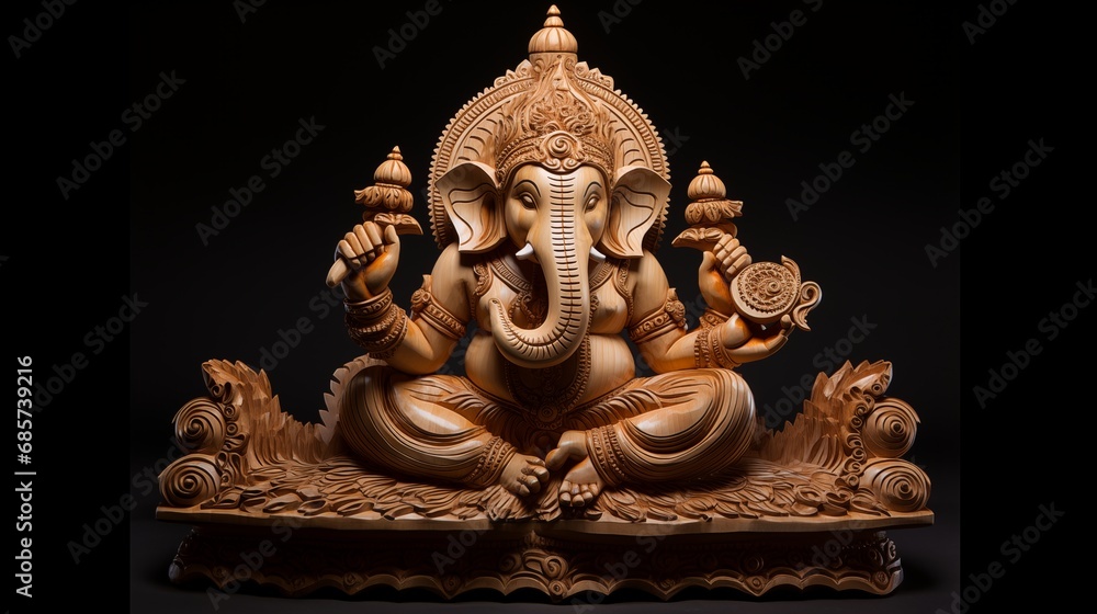 Wooden carving of Lord Ganesha, the remover of obstacles, in a celebration pose.