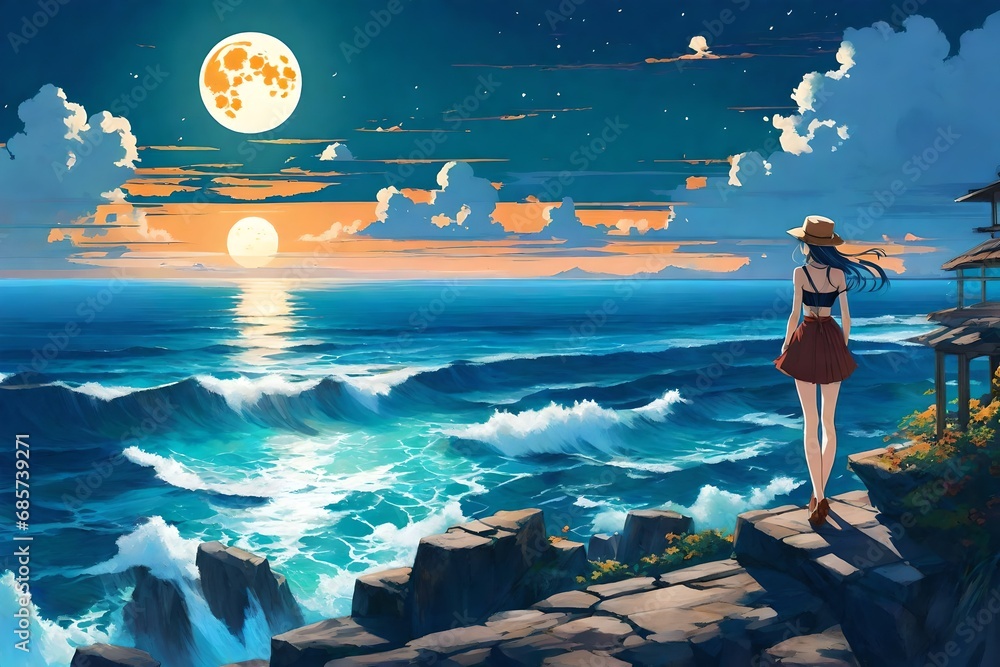 anime girl gazing at the ocean's moon digital art, illustrations