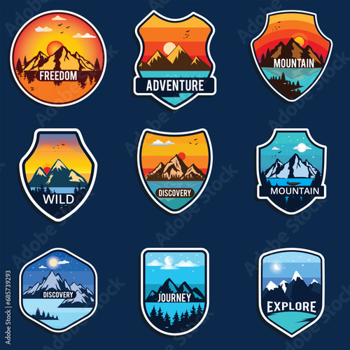 Mountain travel emblems set. Camping outdoor, adventure emblems, badges and logo. Hiking, mountains emblem badges design. Mountain logo and sticker design.