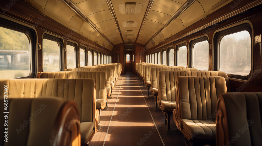 Retro train wagon with old-fashioned seats for passenger. Generative AI