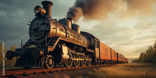 Vintage railway steam locomotive moving among flat terrain. Generative AI