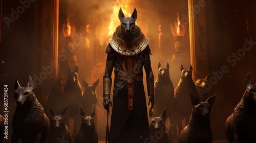 Anubis guiding souls through a surreal and otherworldly realm