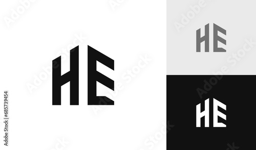 Letter HE initial with house shape logo design