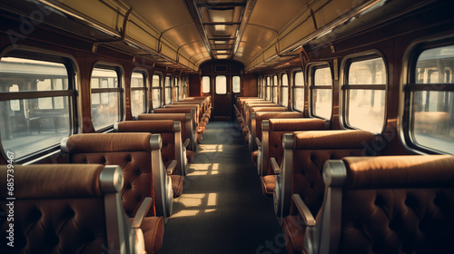 Vintage train wagon with old-fashioned seats for passenger. Generative AI