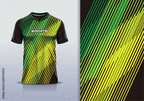 T-shirt mockup with abstract stripes line jersey design for football, soccer, racing, esports, running, in green yellow black color
