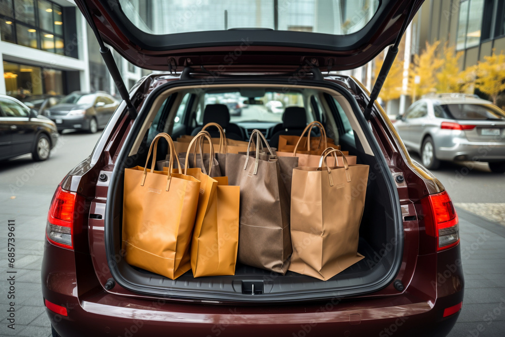 Bags and packages with purchases in the trunk of a car in the parking lot of a supermarket. Bags and packages with purchases in the trunk of a car in the parking lot of a supermarket.