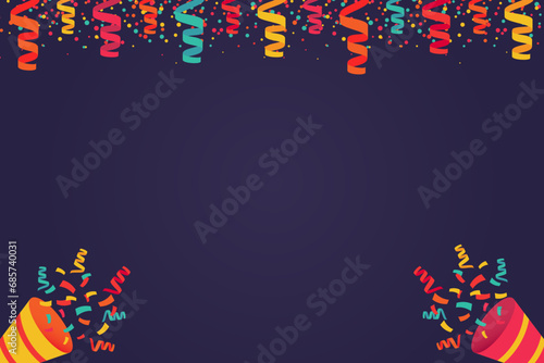 Colored confetti and firecrackers party popper, Vector festive birthday festival banner template, Festive decorations and surprises.