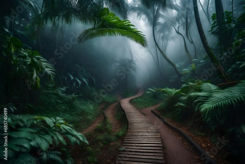 Pathway track through a foggy tropical rain forest  selective focus .