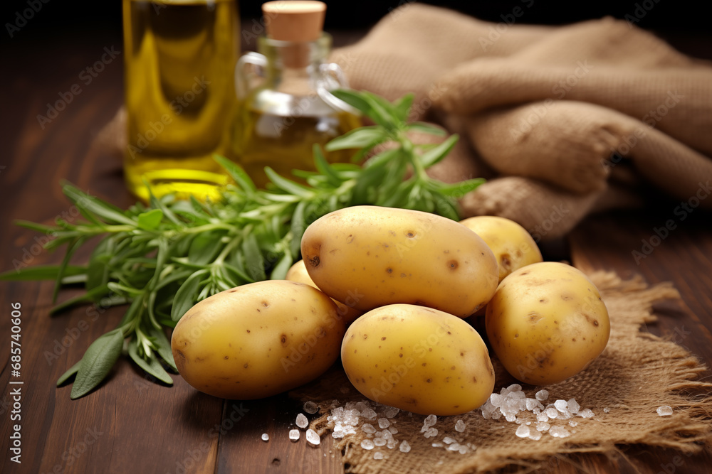 Sack of potatoes with greenery. Generative AI Sack of potatoes with greenery. Generative AI