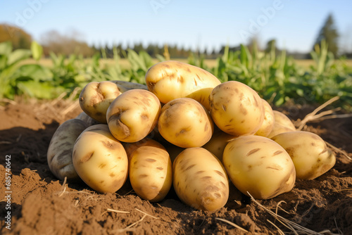 Heap of potatoes on field ground. Generative AI