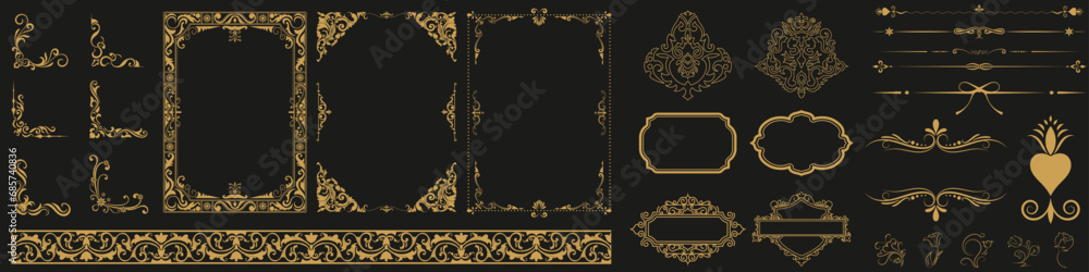 Golden vintage set includes decorative paper frames, text boxes and scrolling floral borders using rose gold line design with vintage corner tapestry borders.