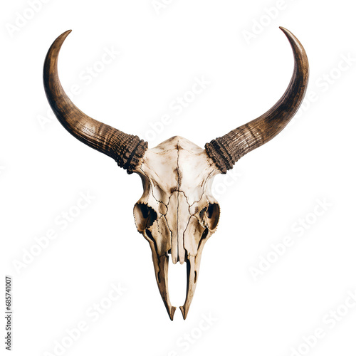 Skull of an animal with horns for home decoration on transparent background PNG.