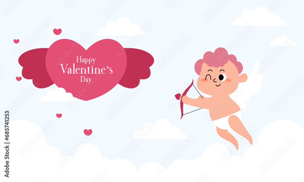 Obraz premium Valentine's Day Illustration with Cute Cupid Isolated on the Sky Clouds Background