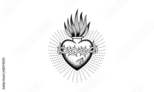 Traditional Fiery heart-shaped tattoo design Trendy Vintage style Vector illustration 