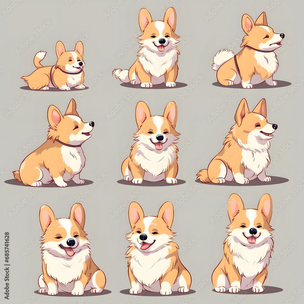 Collection of cheerful corgi dogs in various poses, showcasing their playful and affectionate nature