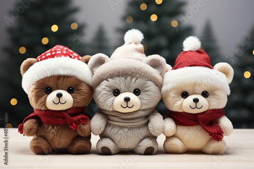 cute toys with santa Christmas theme, photo, studio lighting, white background, 3 abstract animals, cartoon, summarized forms