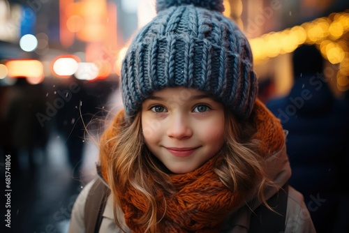 Young girl wearing hat and scarf in winter in a city