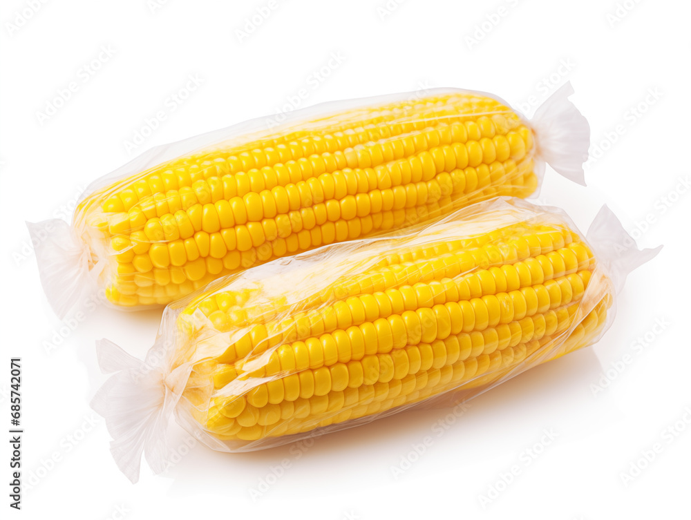 Vacuum-packed corn cob prepared for freezing and long-term storage. Close-up shot. Isolated on white background, for designers Vacuum-packed corn cob prepared for freezing and long-term storage. Close-up shot. Isolated on white background, for designers