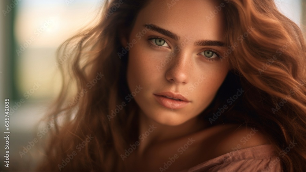 Serene Beauty: Woman with Ethereal Gaze and Flowing Hair Serene Beauty: Woman with Ethereal Gaze and Flowing Hair
