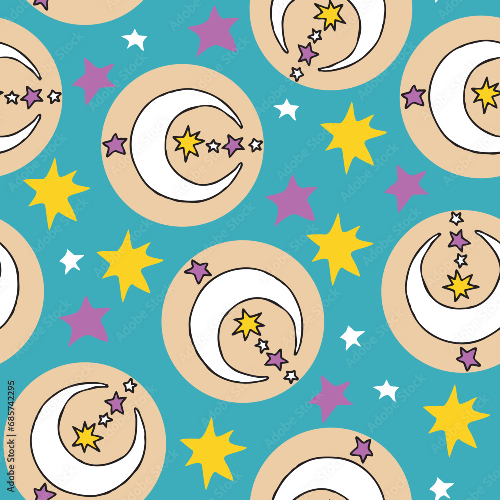 Starry night seamless vector pattern with moon, stars and clouds. Boho style decorative background for wallpaper, digital paper, wrapping design, fashion fabric, textile print. Hand drawn illustration Starry night seamless vector pattern with moon, stars and clouds. Boho style decorative background for wallpaper, digital paper, wrapping design, fashion fabric, textile print. Hand drawn illustration