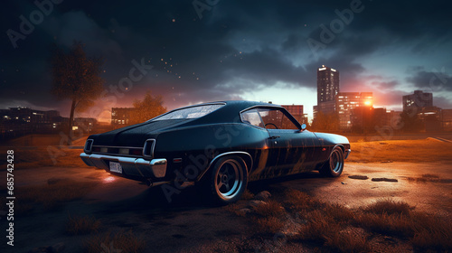 Vintage muscle car parked on the street at night. 80s styled synthwave retro scene with powerful drive in evening