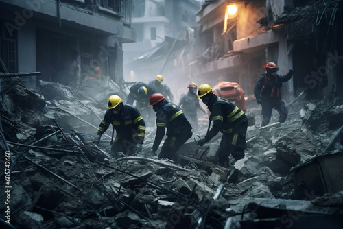 A rescue team digs through the rubble of a collapsed building in the washout zone