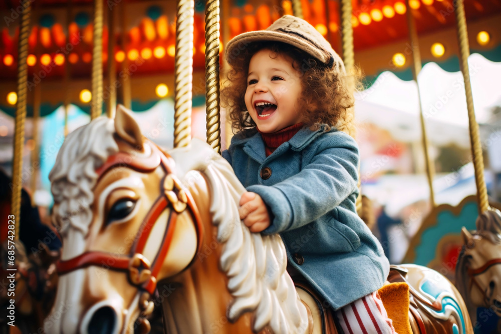 Joyful cute child enjoying a carousel ride at an Easter fair