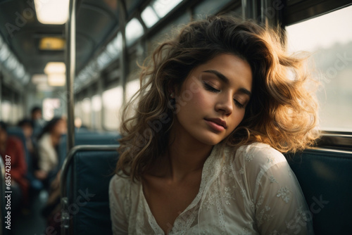 A beautiful woman sleeping in the train. Generative AI.